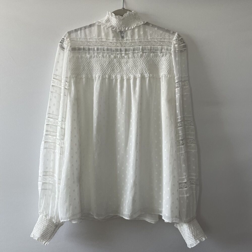 White House Black Market Lace Smocked Swiss Dot Blouse White Size L - Picture 8 of 15
